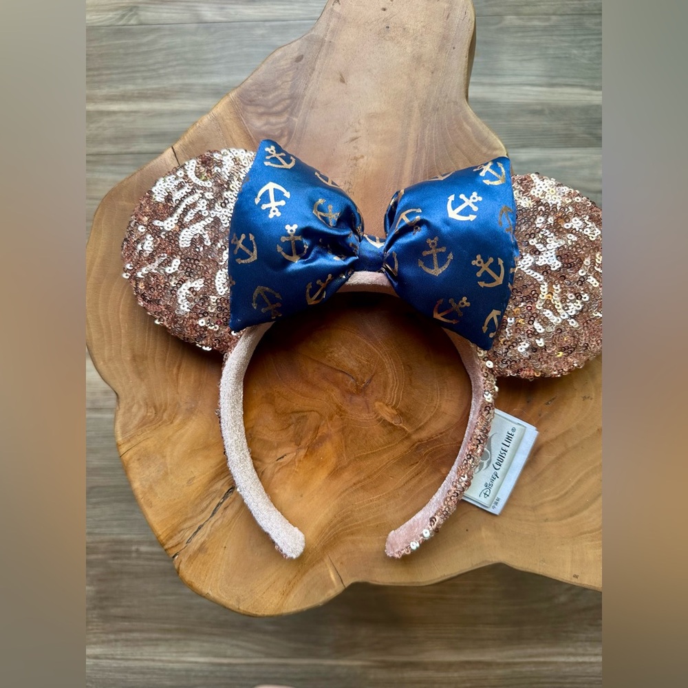 Disney Cruise Line Minnie Mouse Ears Headband Rose Gold Sequin Blue Bow Nautical - Picture 2 of 8